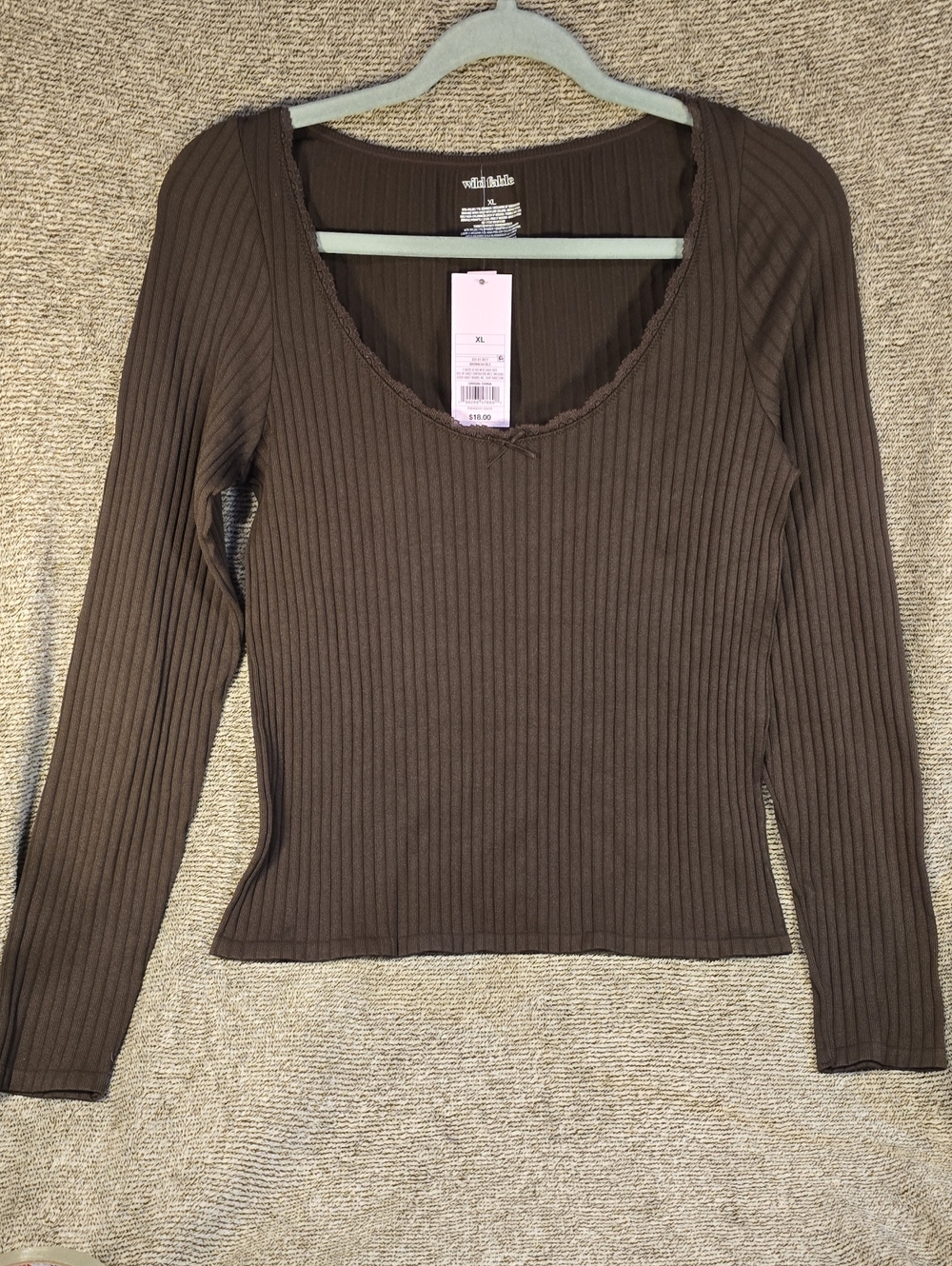 wild fable Brown Ribbed Scoop-Neck Long Sleeve Top